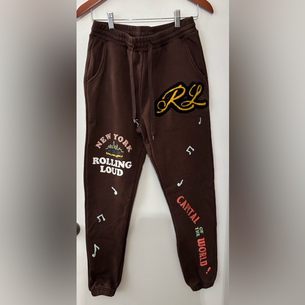 Rolling Loud Brown Graphic Embroidered Cotton Sweatpants Joggers Size Medium